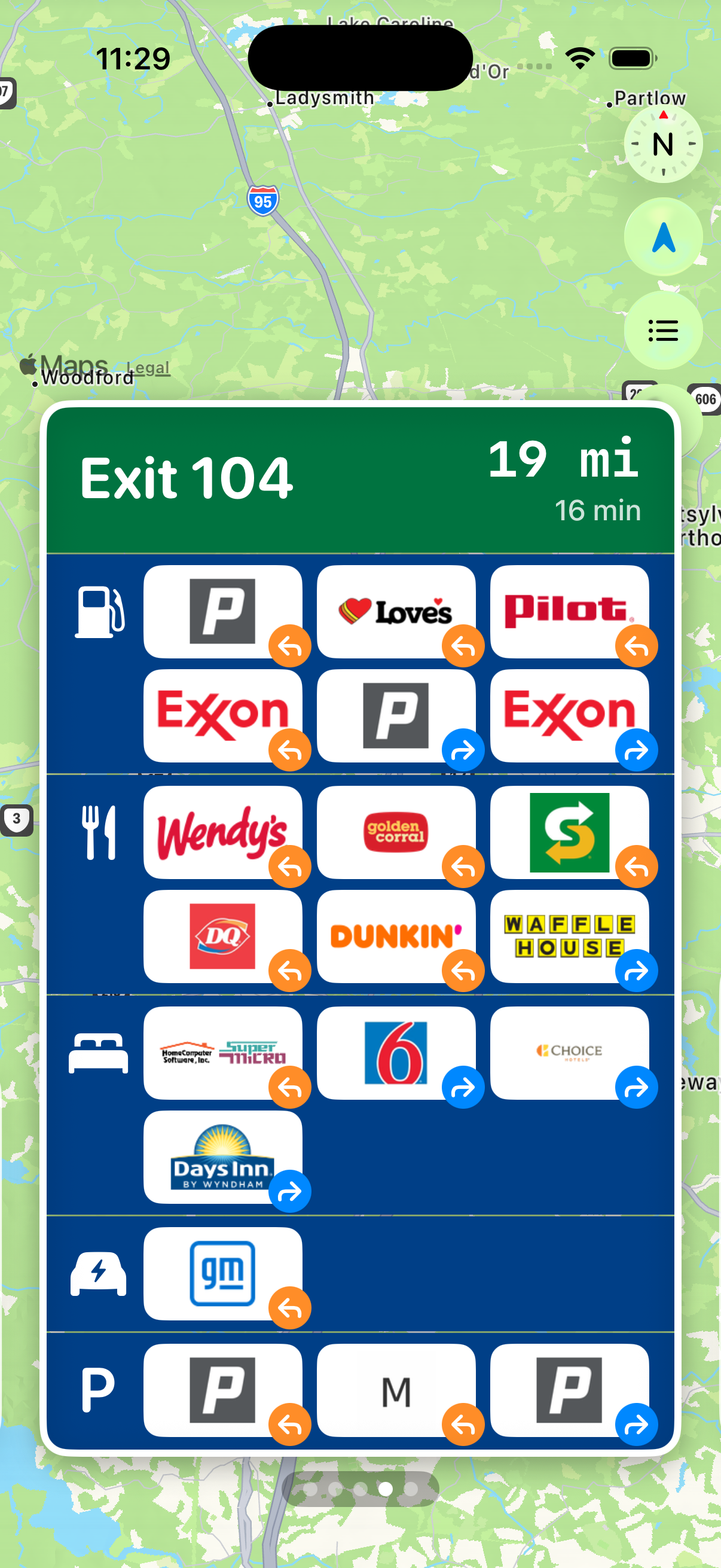 Pike showing upcoming highway exits with gas, food, and lodging